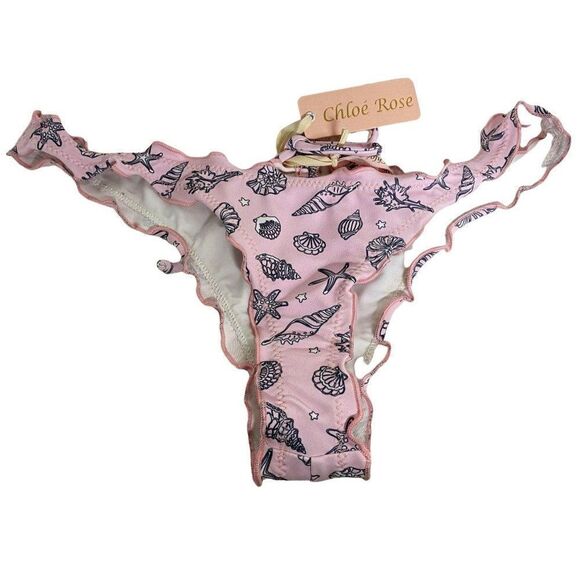 Chloe' Rose Pink Ruffled Cheeky Bikini Bottom Sea Shells Back Ruched Tie NEW - Picture 1 of 3